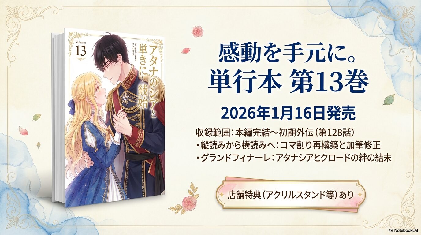2026年1月16日発売の単行本第13巻の表紙と、本編完結から初期外伝第128話までの収録範囲を紹介するスライド