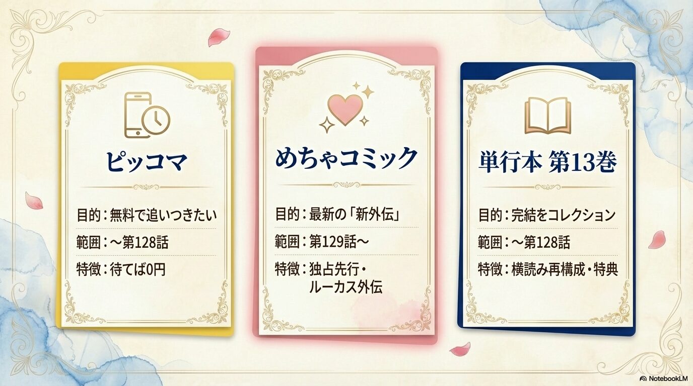 ピッコマ(無料で追いつく)、めちゃコミック(最新話を追う)、単行本13巻(完結をコレクション)の比較まとめスライド