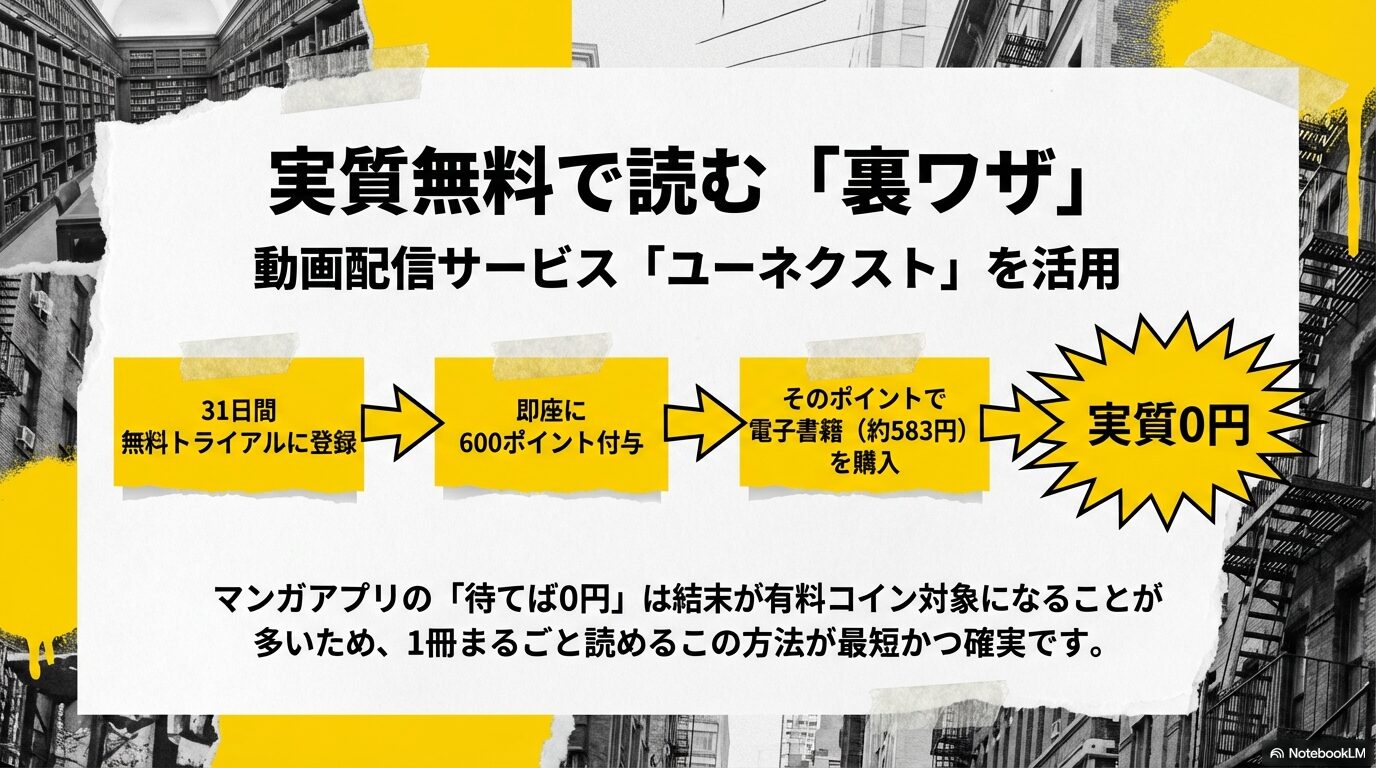 U-NEXTの無料トライアルで付与される600ポイントを使って「光の庭」を実質無料で読む手順の解説スライド
