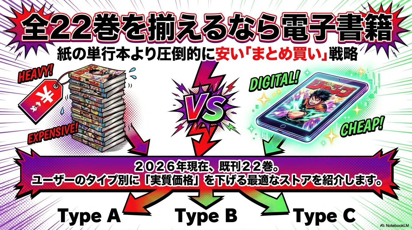 既刊22巻を揃える際、紙の単行本よりも圧倒的に安い電子書籍のまとめ買い戦略の比較図。