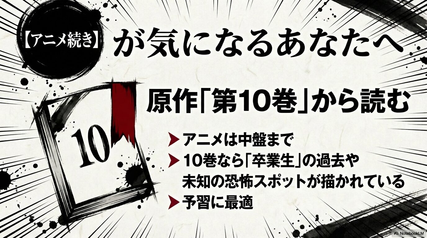 アニメは中盤までなので原作10巻から読むのが予習に最適で、卒業生の過去や未知の恐怖スポットを楽しめる解説スライド