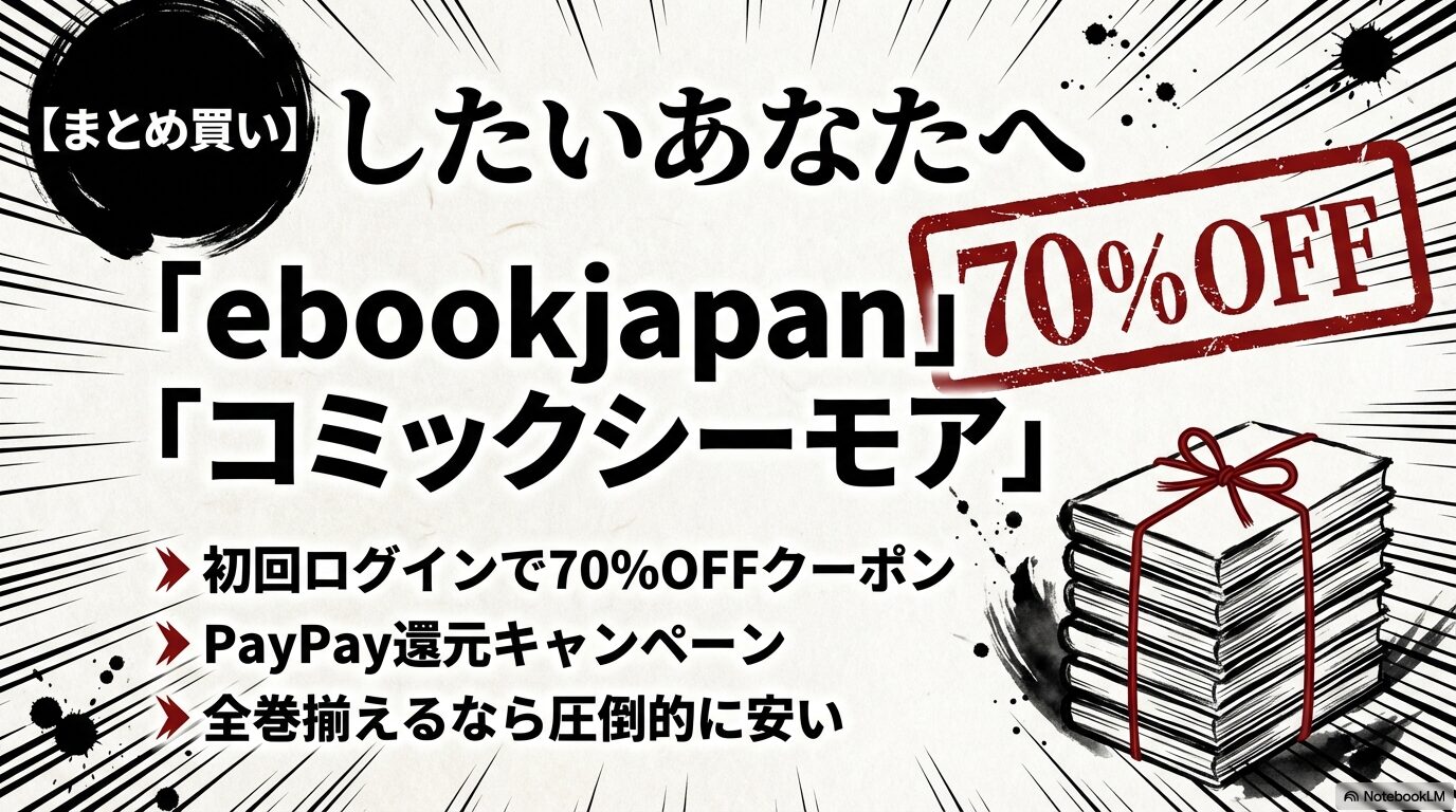 ebookjapanの初回70パーセントOFFクーポンやPayPay還元キャンペーンなど、全巻まとめ買いが安くなるサービスの紹介スライド