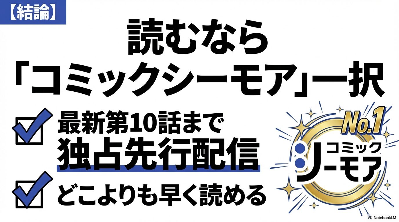 読むならコミックシーモア一択」と大きく書かれたスライド。最新第10話まで独占先行配信中であることを強調しています。