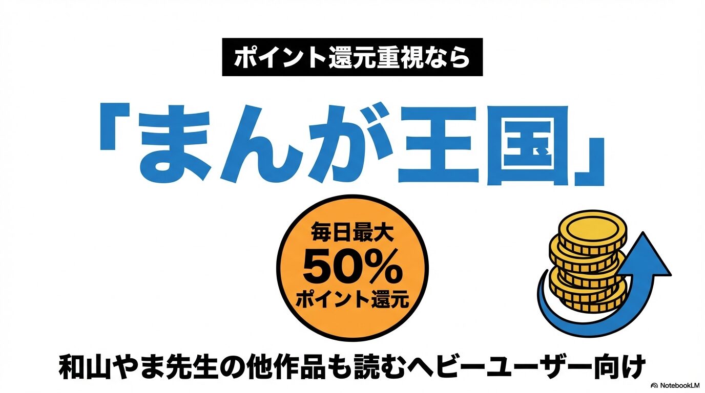 まんが王国の毎日最大50%ポイント還元システム。和山やま先生の他作品も読むヘビーユーザー向けの情報を紹介。