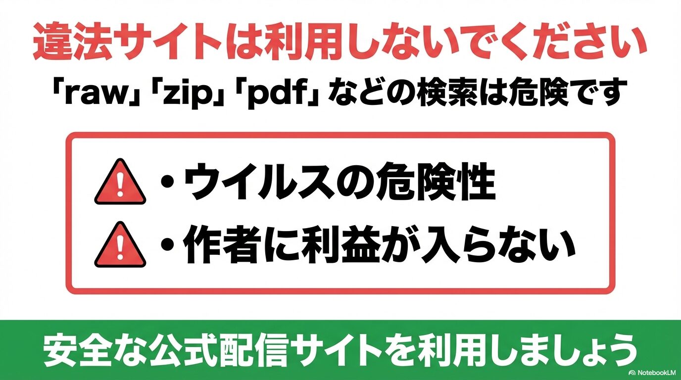 raw、zip、pdfなどの違法サイト検索の危険性（ウイルス感染、作者の不利益）を警告し、安全な公式配信サイトの利用を促すスライド。