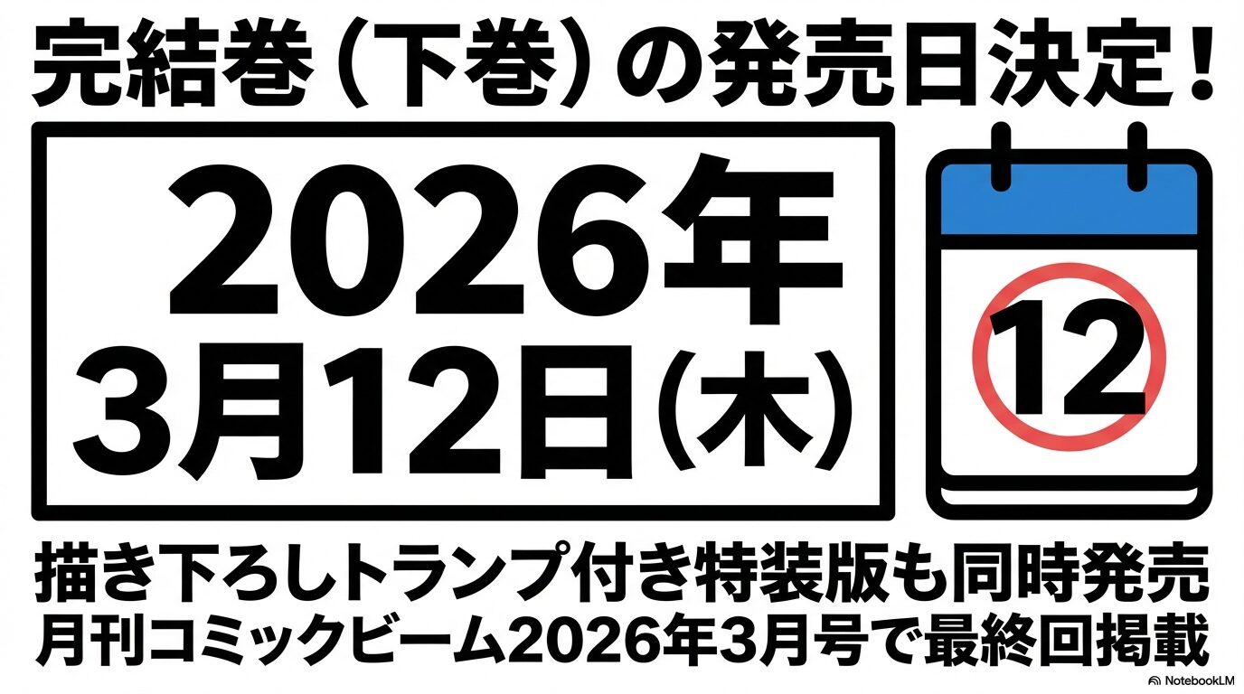 完結巻となる下巻の発売日が2026年3月12日に決定。トランプ付き特装版や月刊コミックビームでの最終回掲載についての最新情報。