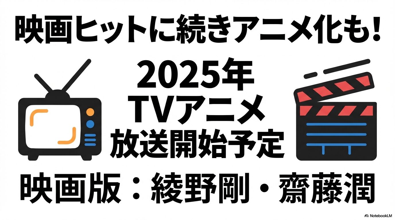 実写映画版（綾野剛・齋藤潤出演）のヒットに続き、2025年にTVアニメ放送開始が予定されているメディアミックス情報のスライド。