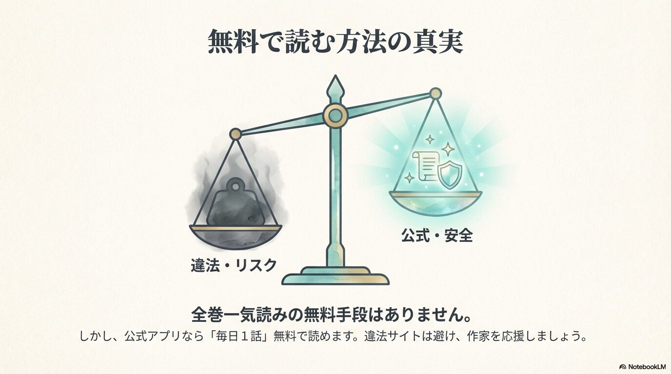公式で安全な読み方と違法サイトのリスクを比較した天秤のイラスト