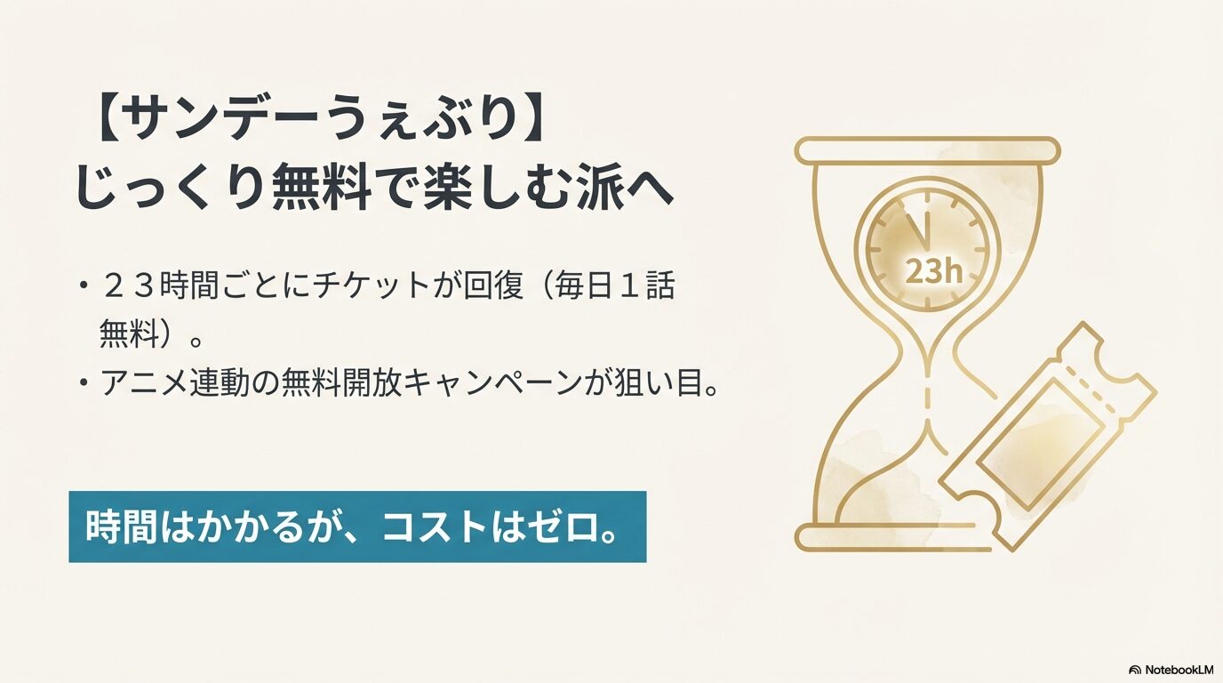 23時間ごとに回復するチケットで毎日1話無料で読める仕組みの解説スライド