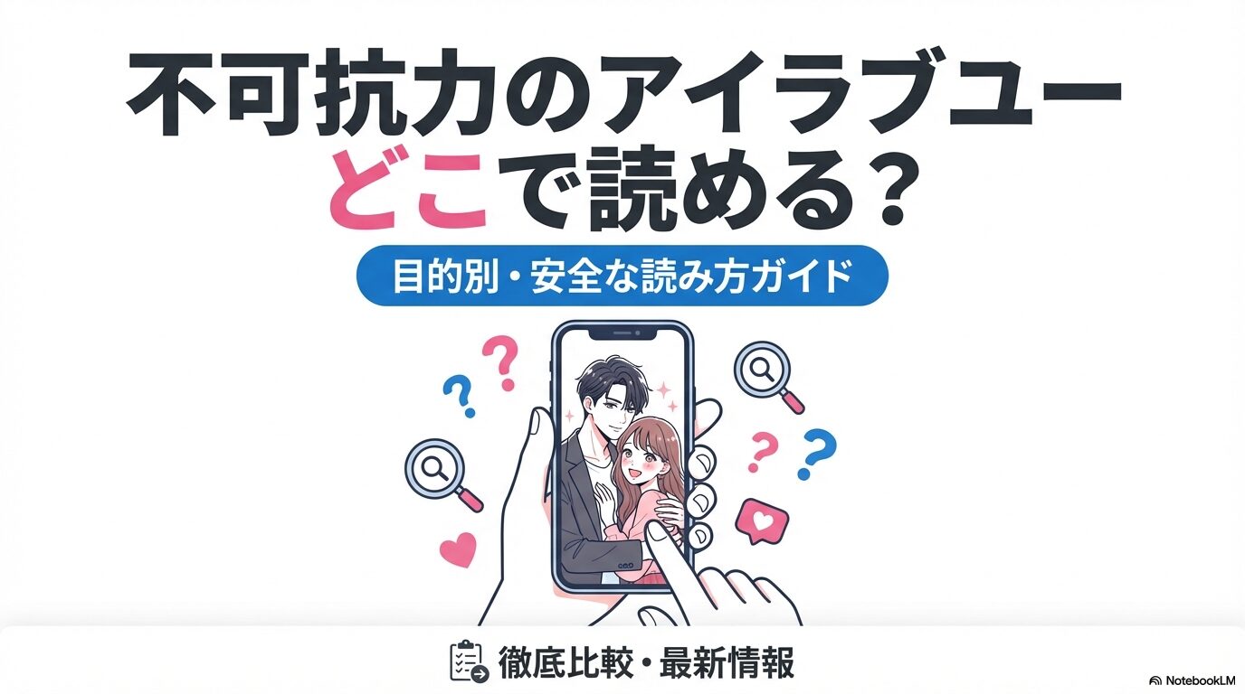 スマートフォンに映る「不可抗力のアイラブユー」のメインキャラクター星凪と綿谷先輩のイラストと、どこで読めるか探している検索アイコンのイメージ画像。