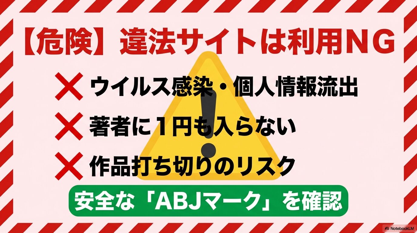 違法サイト利用の危険性を警告するスライド。ウイルス感染・個人情報流出、著者に収益が入らないこと、作品打ち切りのリスク、ABJマークの確認を促す内容。