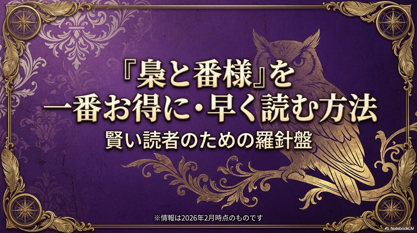 『梟と番様』の漫画を一番お得かつ早く読むための方法をまとめたスライド。2026年2月時点の情報であることを示している。
