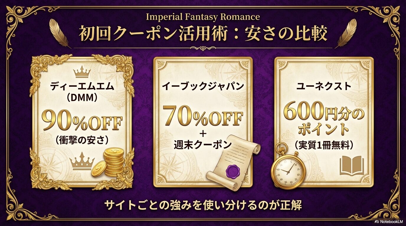 DMMの90%OFF、ebookjapanの70%OFF+週末クーポン、U-NEXTの600円分ポイントなど、安く買うための比較図。