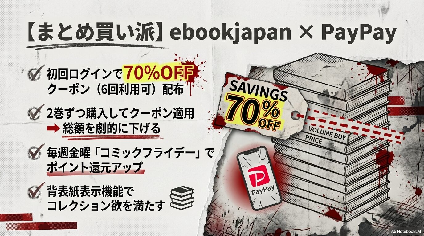 初回ログイン70%OFFクーポンを6回利用して全巻の総額を劇的に下げる方法。PayPay還元や背表紙表示機能についても解説。