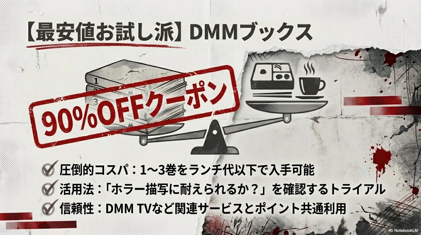 DMMブックスの90%OFFクーポンを使い、1〜3巻をランチ代以下の圧倒的コスパで入手する方法。ホラー描写の確認トライアルに最適。