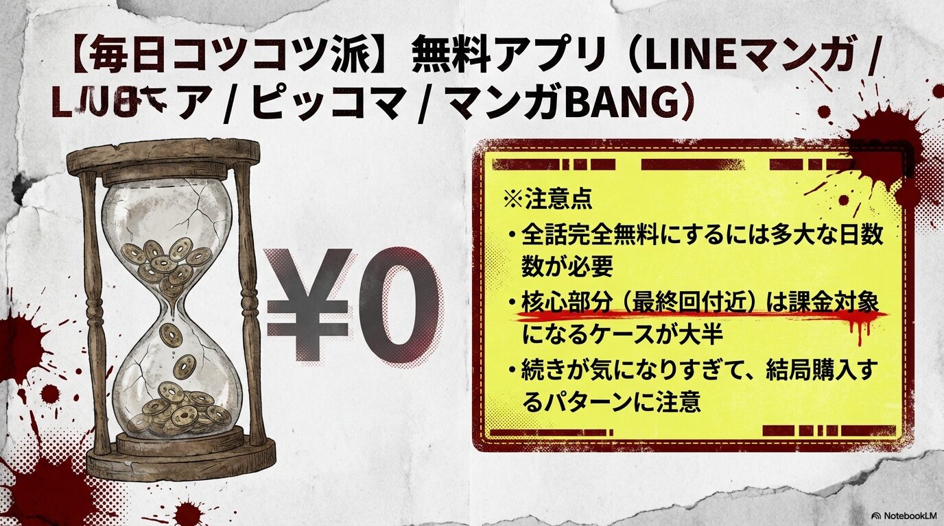 LINEマンガ、ピッコマ、マンガBANG等の無料アプリ利用時の注意点。全話読了までの日数や核心部分の課金、続きが気になるパターンを警告。