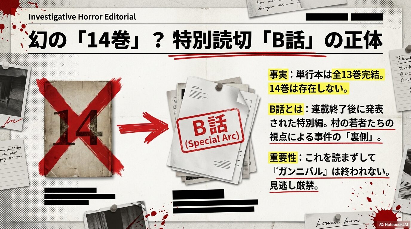 ガンニバル14巻は存在せず、全13巻で完結である事実。特別編B話が若者視点での事件の裏側を描く重要なエピソードであることを解説。