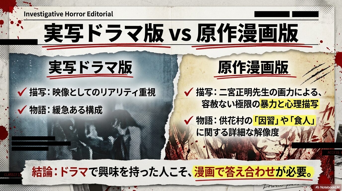 実写ドラマのリアリティ重視の描写と、原作漫画の容赦ない暴力・心理描写の比較。供花村の因習や食人の解像度は漫画版が高いことを解説。