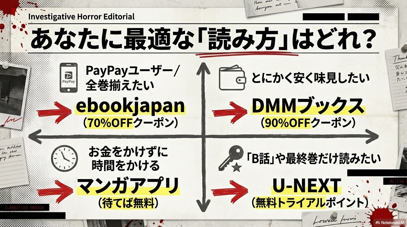 違法サイトではなく公式サービスで作品の余韻(正義や家族愛の揺らぎ)を楽しむことを推奨するメッセージ。