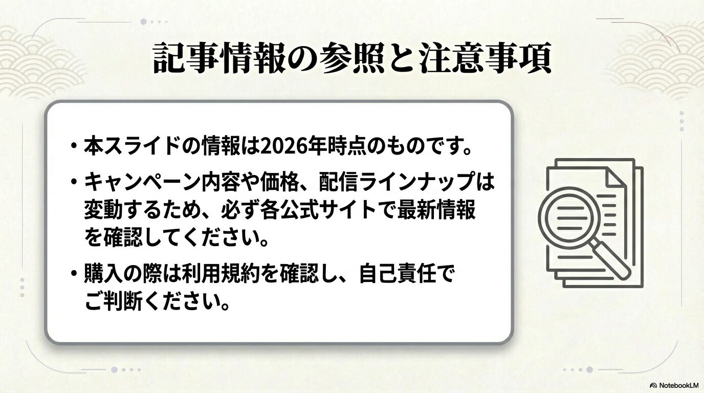 スライド情報が2026年時点のものであることや、利用規約の確認を促す免責事項が記載されたスライド。