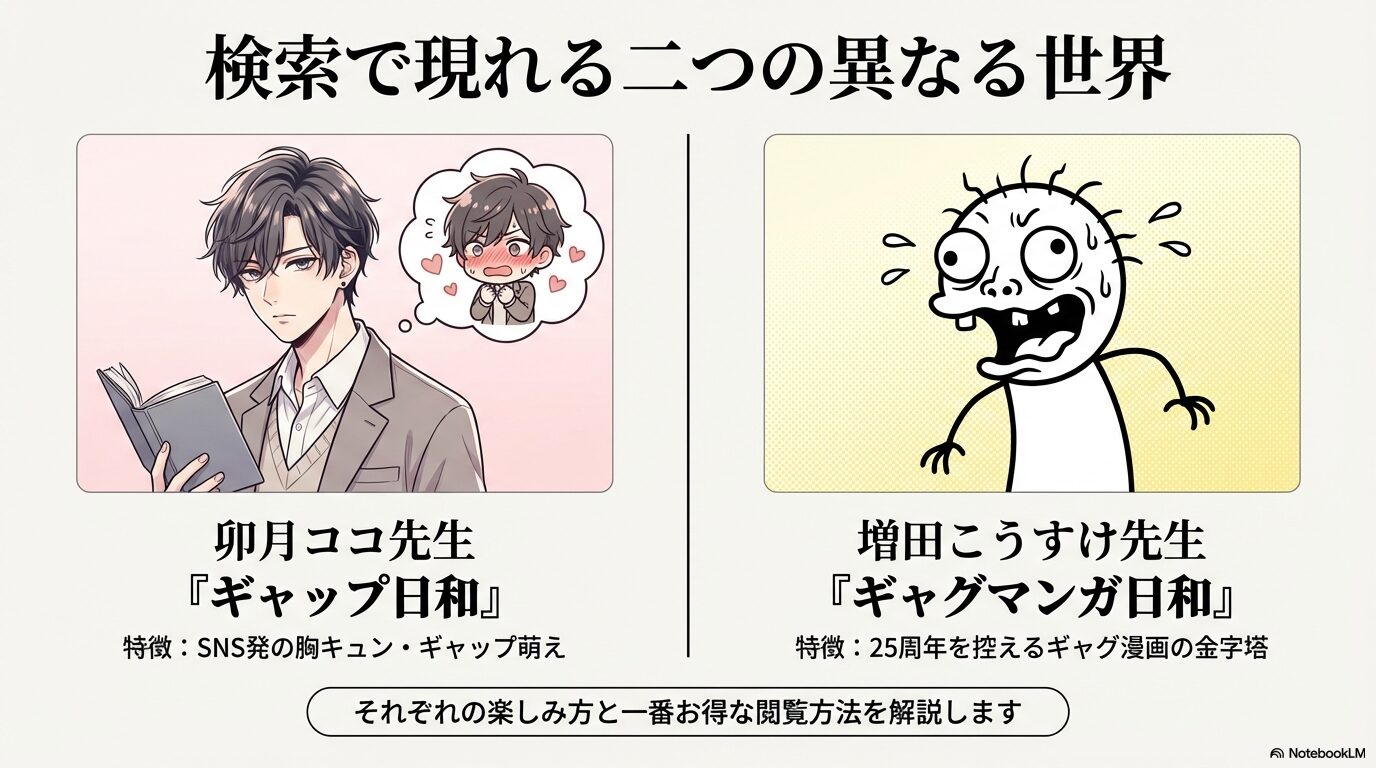 卯月ココ先生の「ギャップ日和」と増田こうすけ先生の「ギャグマンガ日和」の作品背景や特徴を比較したスライド画像。