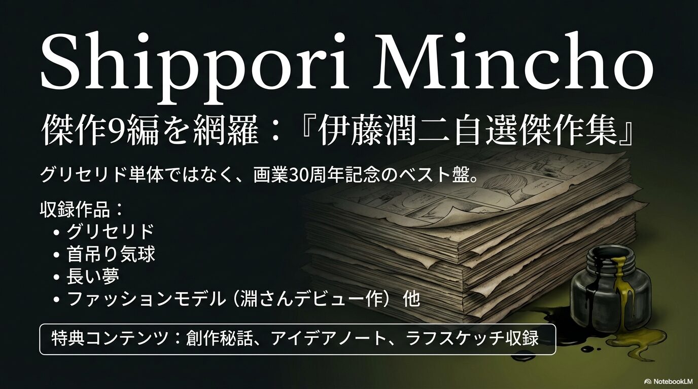 伊藤潤二自選傑作集に収録されているグリセリド、首吊り気球、長い夢、ファッションモデルなどの作品リストと特典情報スライド