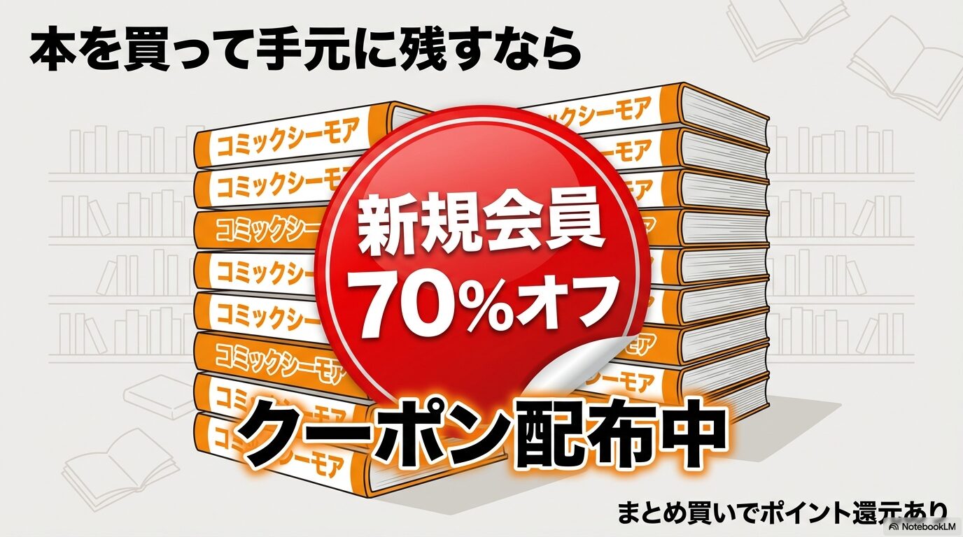 コミックシーモアで本をまとめ買いする際のお得な情報。新規会員登録で70%オフクーポン配布やポイント還元の案内スライド。