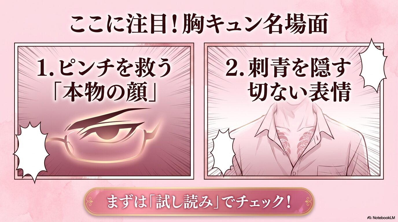 漫画『極道上司に愛されたら』の名場面紹介。ピンチを救う本物の顔や、刺青を隠す切ない表情など、試し読みでチェックすべきポイント。