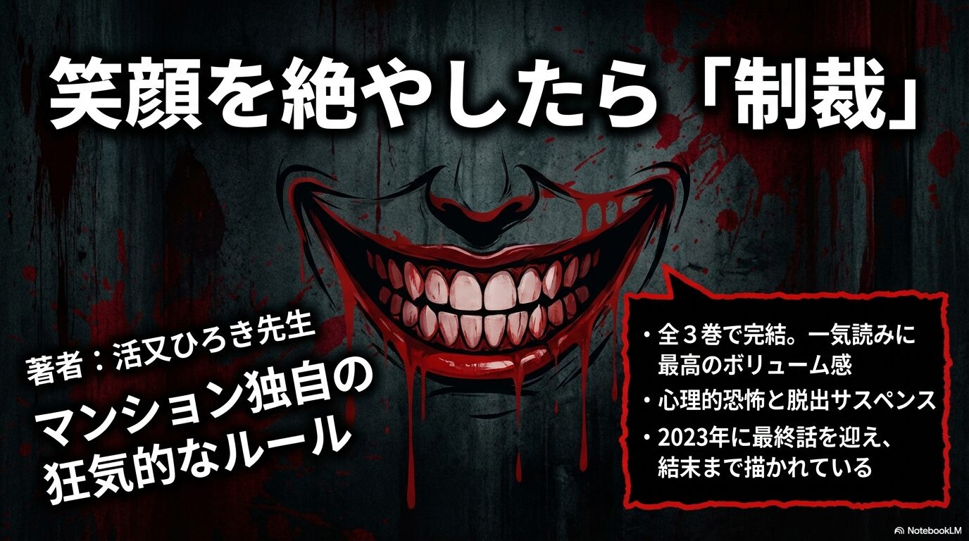 著者・活又ひろき先生によるホラー漫画グリマスのマンション独自のルールと全3巻完結の紹介スライド