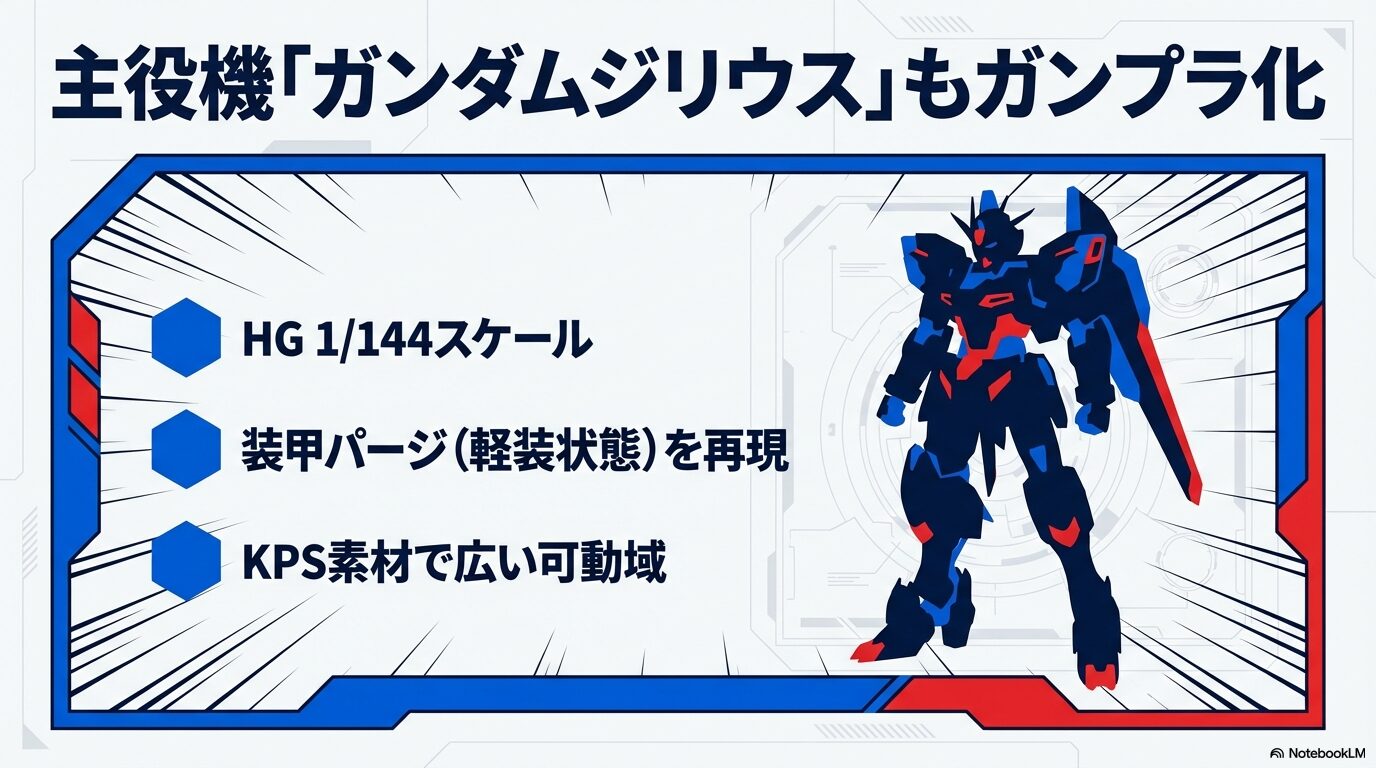 HG 1/144スケール ガンダムジリウスのガンプラ化案内。装甲パージ再現やKPS素材による可動域を説明