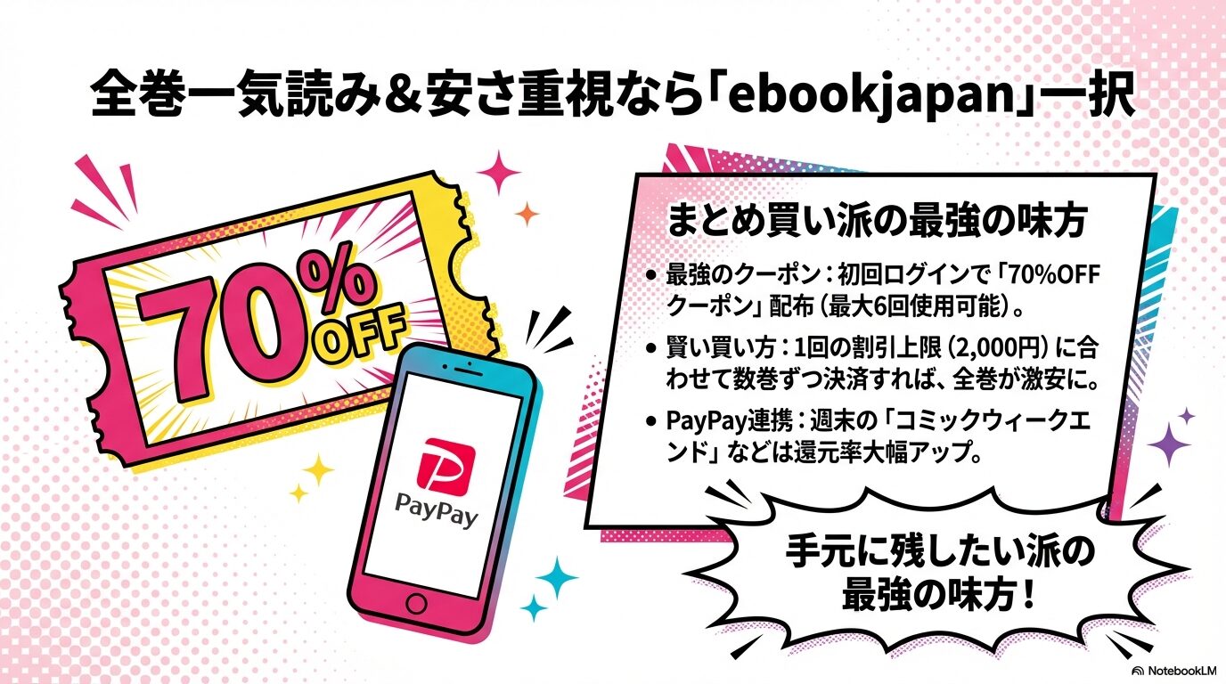 ebookjapanの初回ログイン70パーセントOFFクーポンとPayPay連携のお得な買い方解説スライド