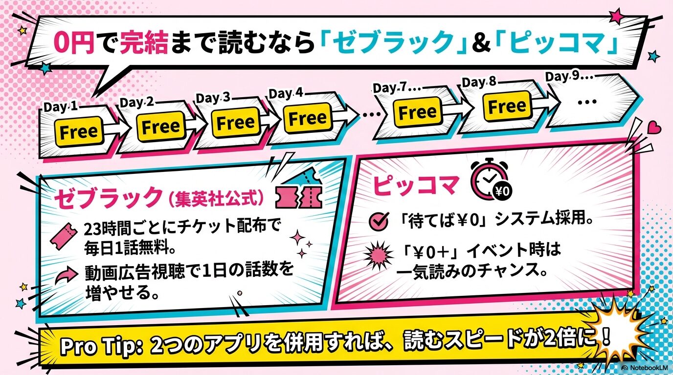 ゼブラックの毎日1話無料とピッコマの待てば0円システムを併用してスピード2倍で読む方法