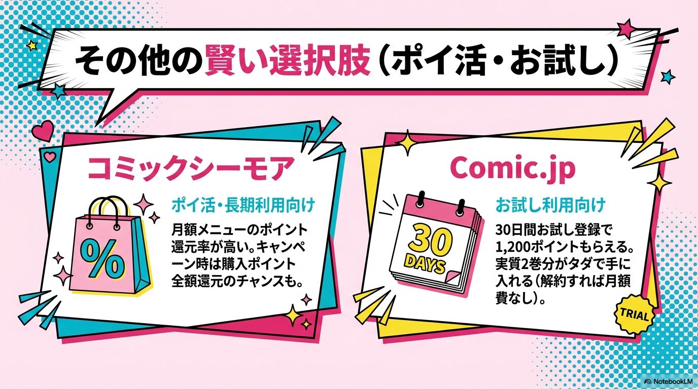 コミックシーモアのポイ活還元とComic.jpの30日間無料トライアル1200ポイント付与の解説