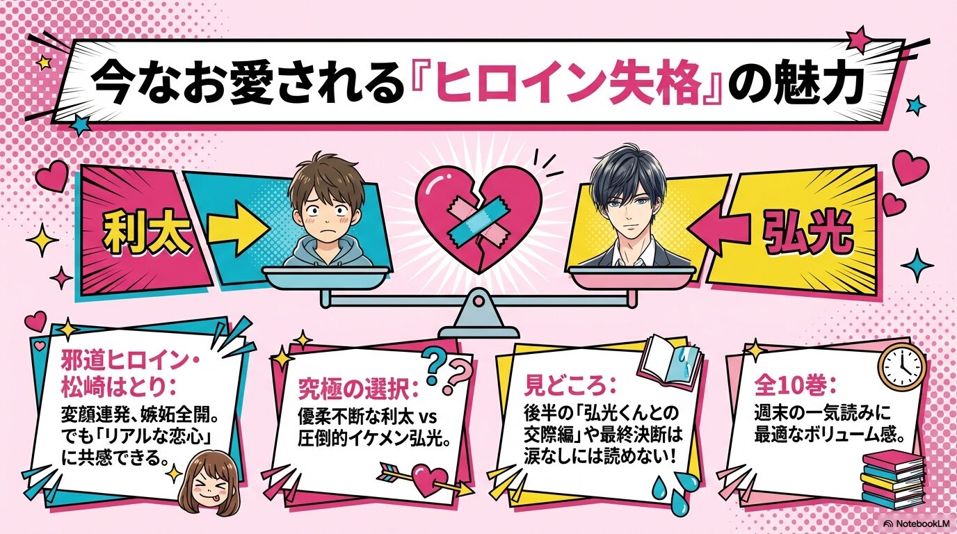 主人公松崎はとりの魅力と、利太か弘光かという究極の選択、見どころをまとめたスライド