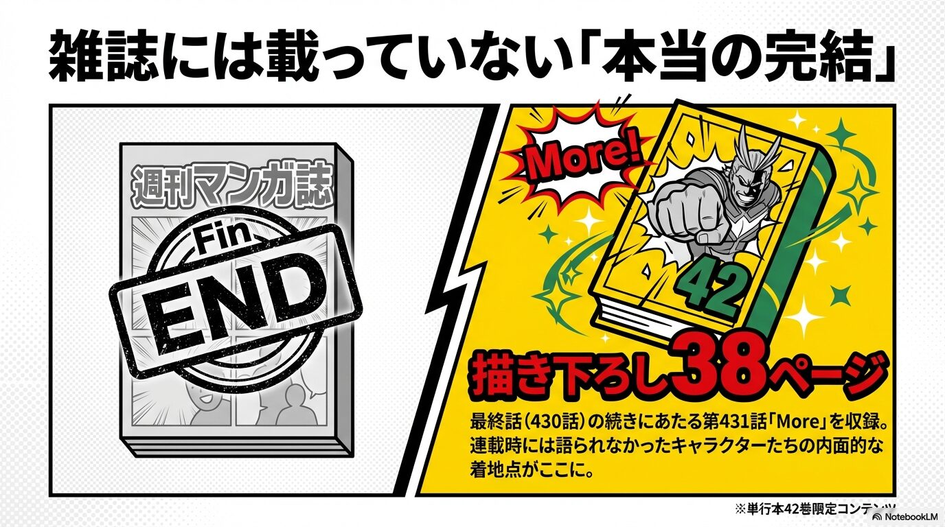 最終話430話の続きである第431話「More」が描き下ろし38ページで収録されていることを説明する図解。