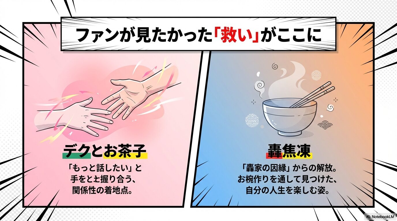 デクとお茶子の関係性の着地点や、轟焦凍が因縁から解放される様子をまとめたスライド。