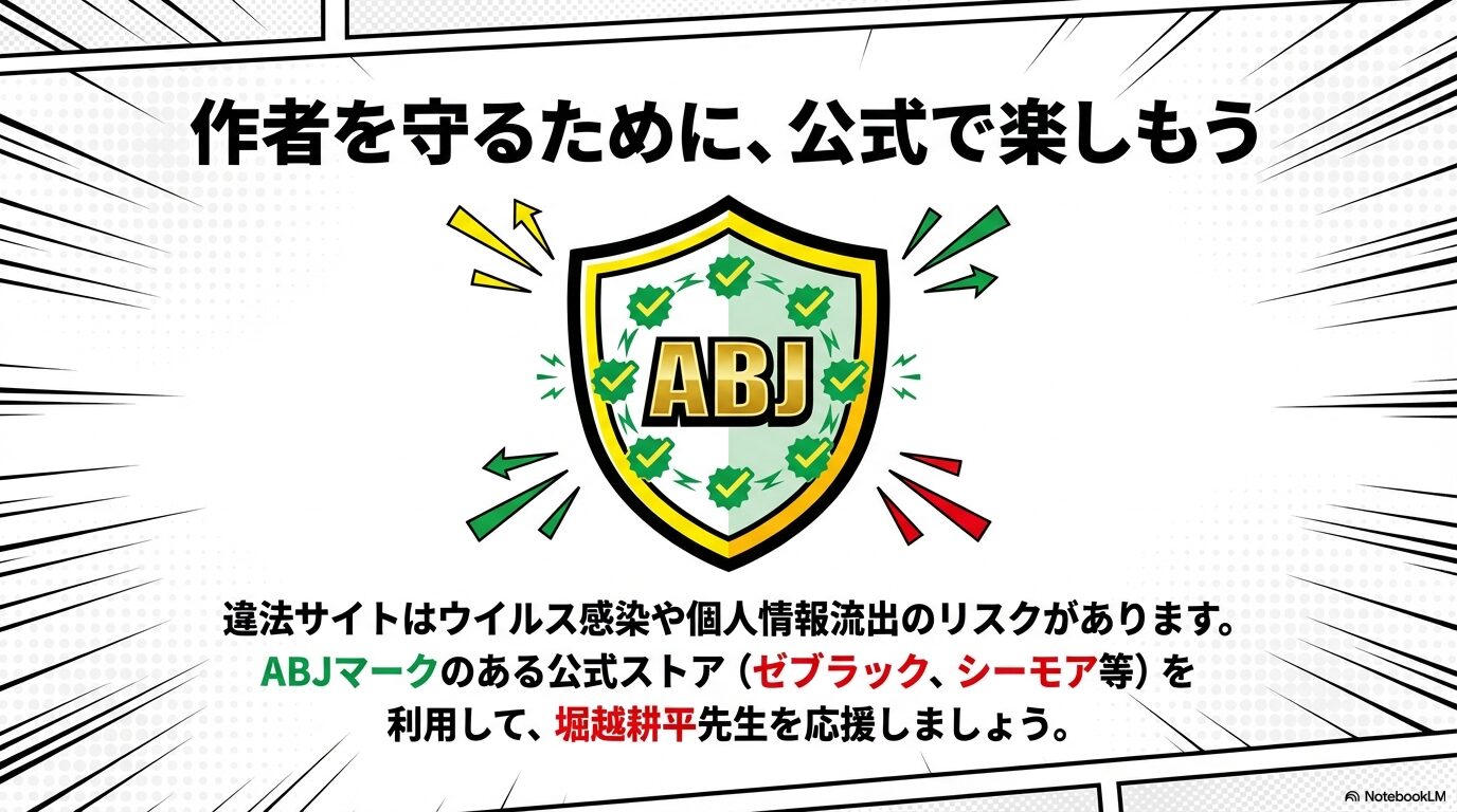 著作権保護を示すABJマークのイラスト。違法サイトのリスクを避け、公式ストアで作者を応援することを促す啓発図。