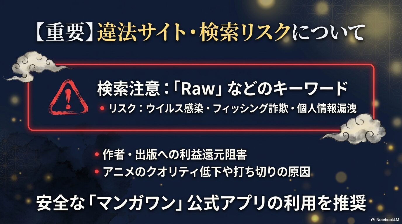 「Raw」等での検索によるウイルス感染や詐欺のリスクと、公式アプリ利用を推奨する警告スライド。