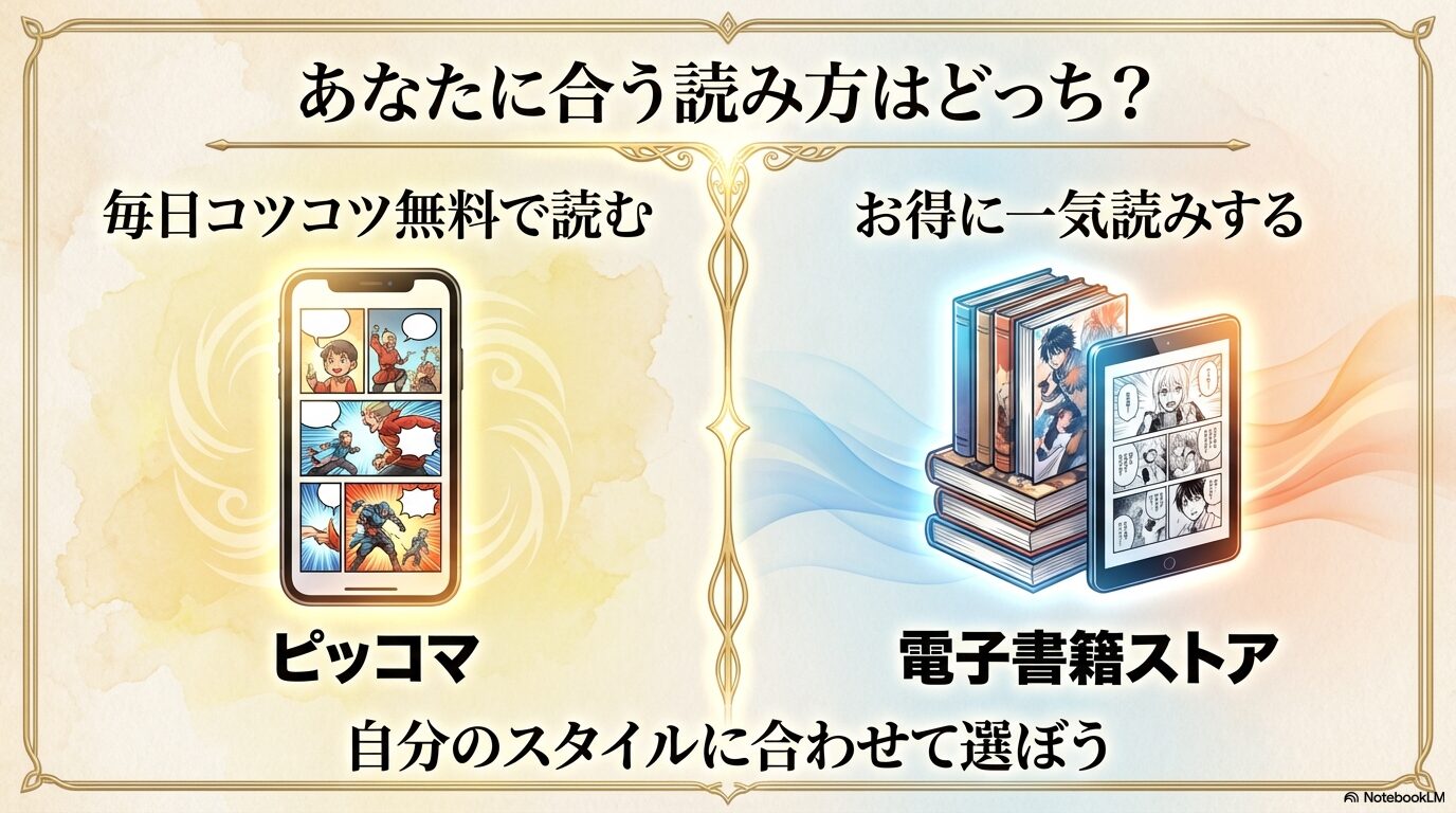 毎日コツコツ無料で読むピッコマと、お得に一気読みする電子書籍ストアの2つの読書スタイルを比較するイラスト。