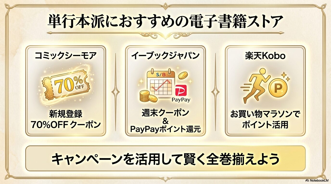 コミックシーモアの70%OFFクーポン、イーブックジャパンの週末クーポン、楽天Koboのお買い物マラソンなど、キャンペーンを活用した購入方法の紹介。