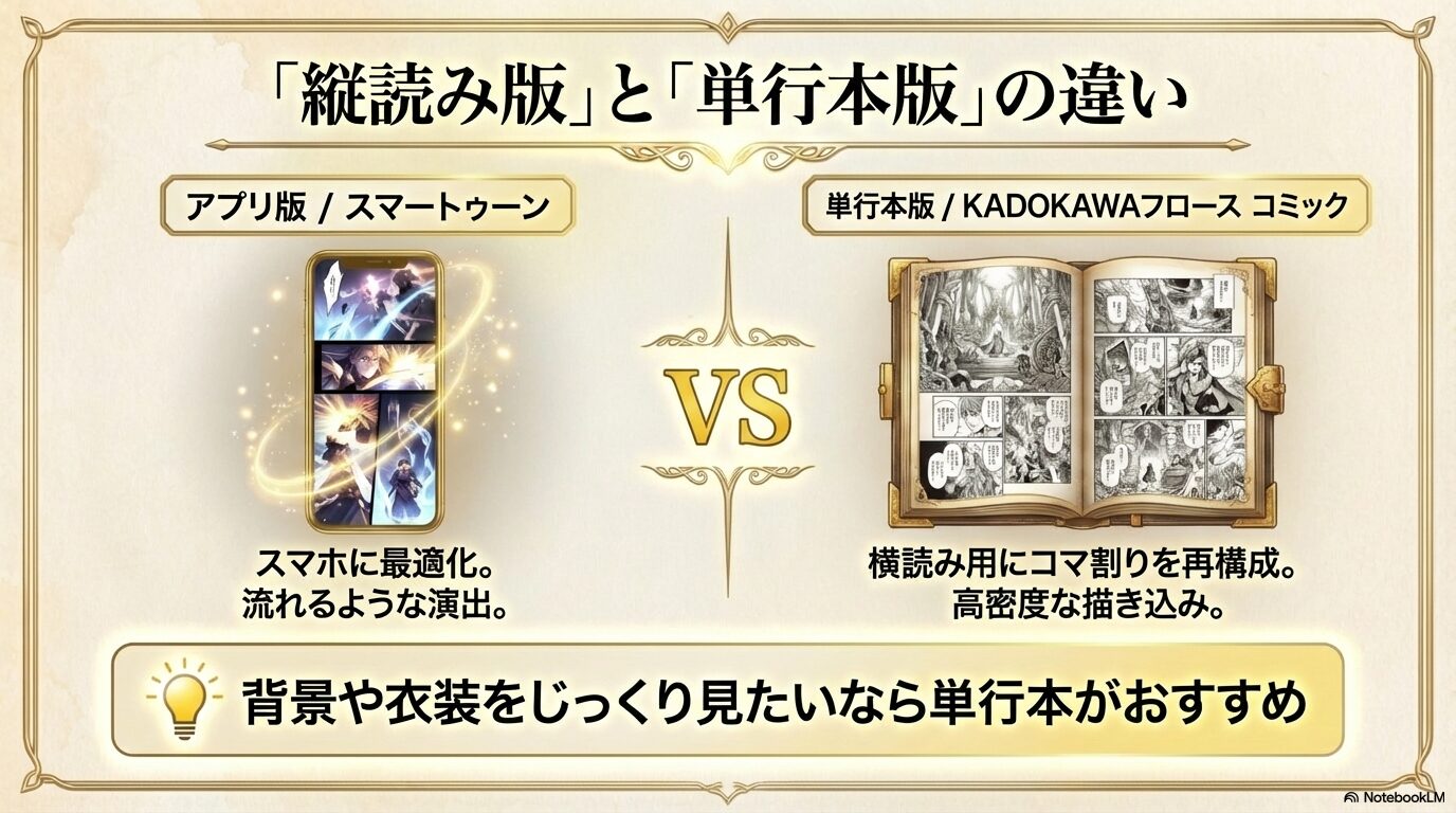 スマホに最適化されたスマートゥーン(縦読み)と、横読み用に再構成され描き込みが密なKADOKAWAフロースコミック(単行本)の違いを比較する画像。