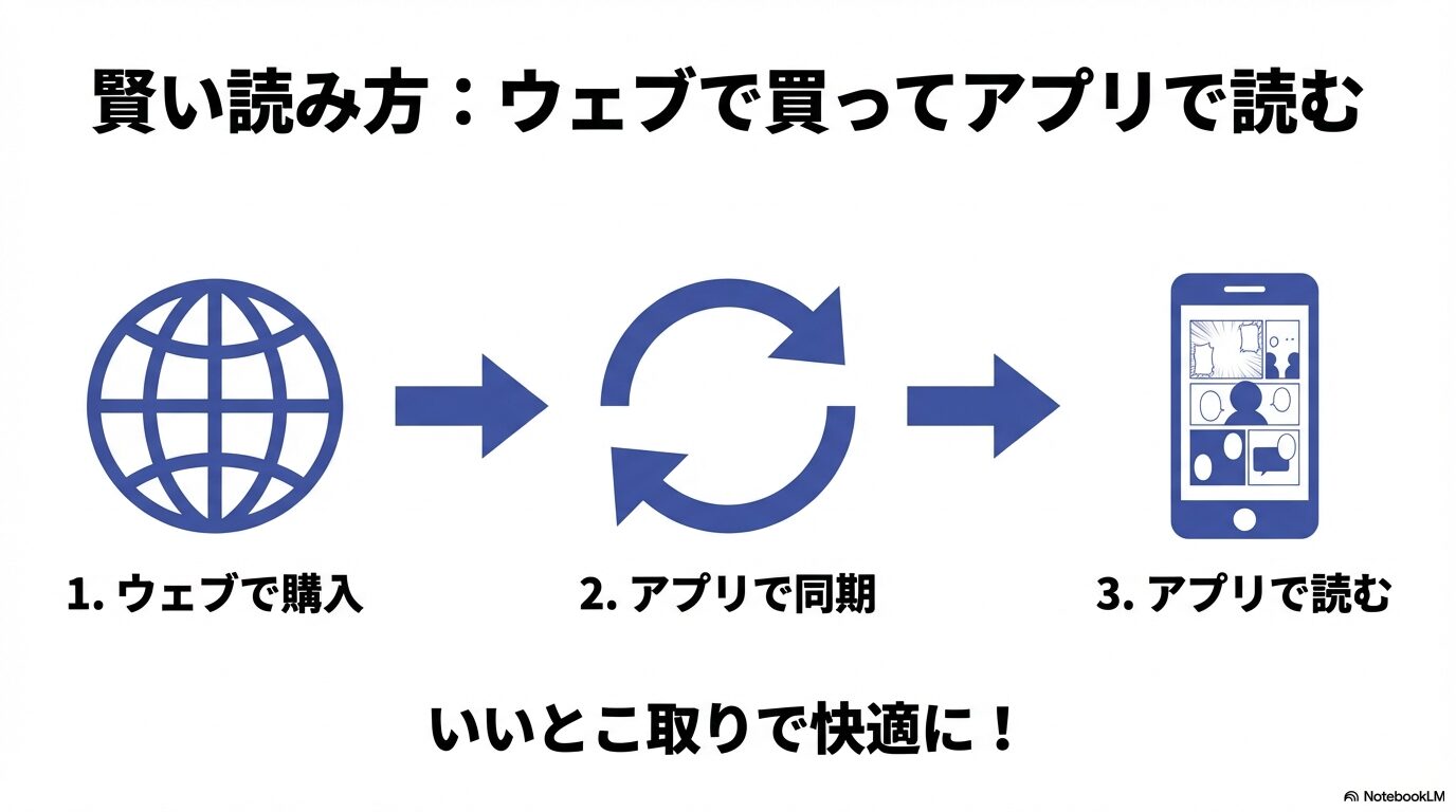 1.ウェブで購入、2.アプリで同期、3.アプリで読む、という快適にJinxを読むためのいいとこ取りフロー図。