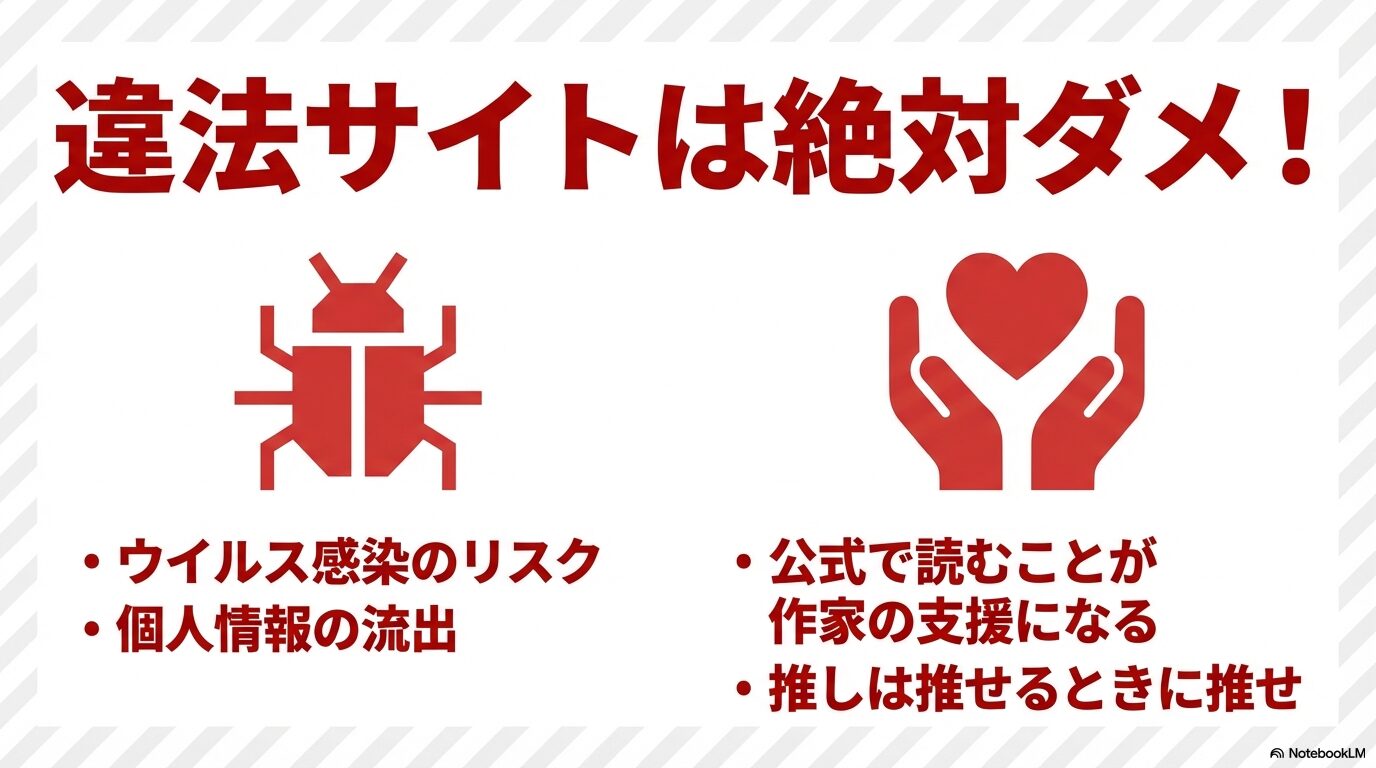 違法サイトのウイルス感染や個人情報流出リスク、公式で読むことが作家の支援になることの解説。