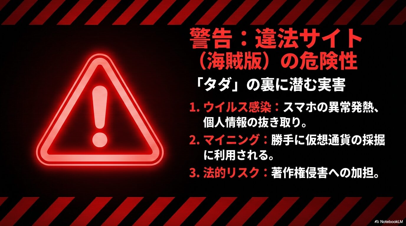 漫画の違法サイト利用によるウイルス感染、仮想通貨のマイニング利用、著作権侵害の法的リスクについての警告スライド。