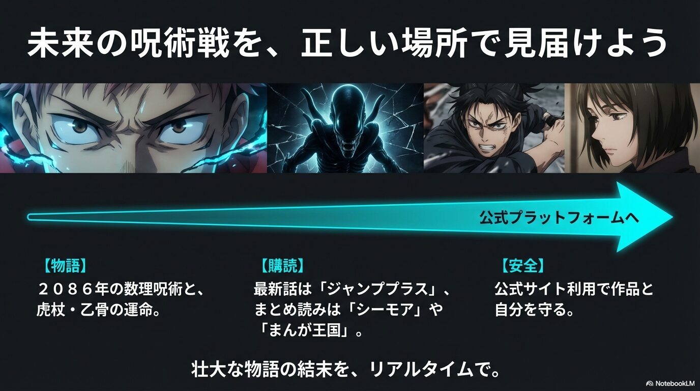 呪術廻戦モジュロの物語の行方と、正しい場所(ジャンプ+やシーモア)で作品を楽しむための安全購読まとめ。