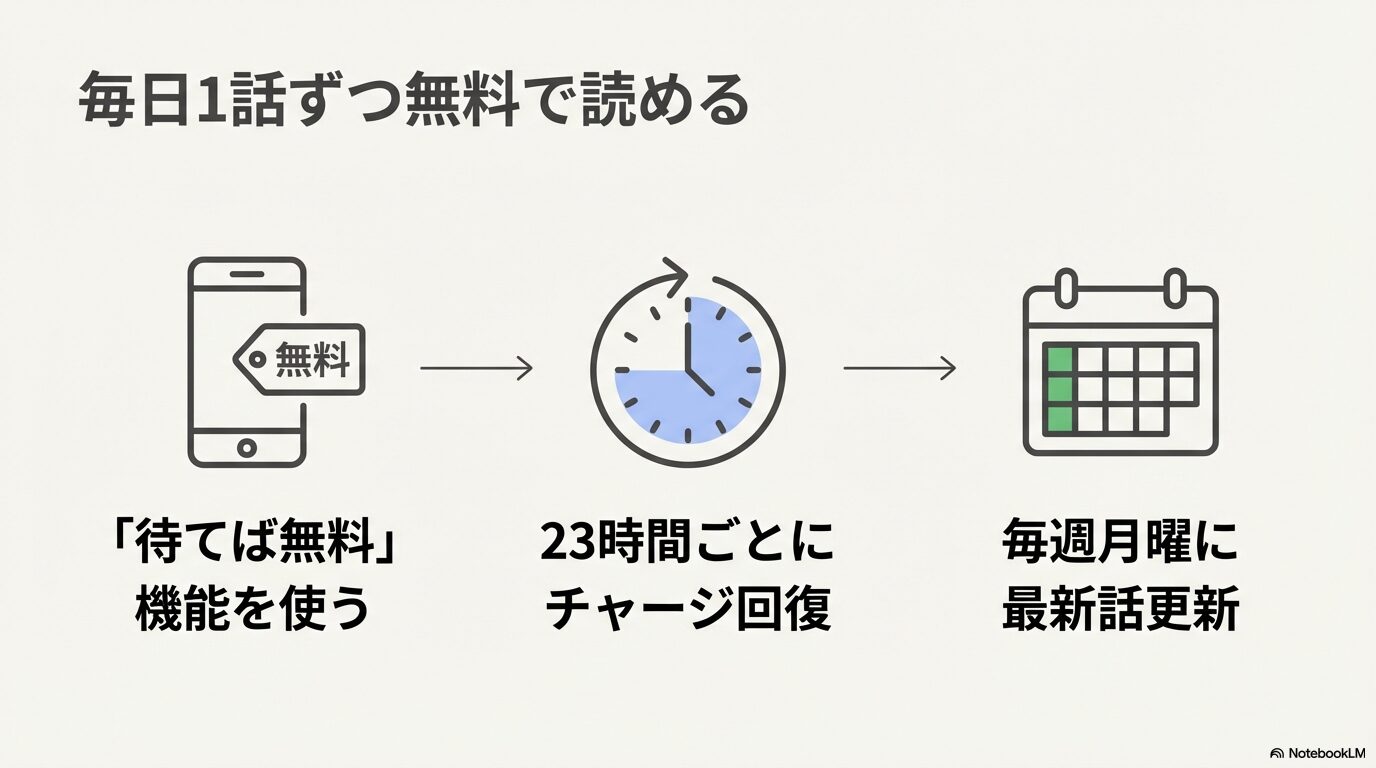 スマホ、時計、カレンダーのアイコンを用いた図解。毎日1話ずつ無料で読める「待てば無料」機能、23時間ごとのチャージ、毎週月曜の更新について。