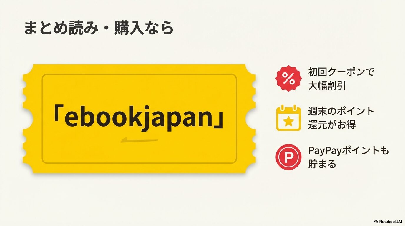 ebookjapanでまとめ読み・購入するメリット。初回クーポンの大幅割引、週末のポイント還元、PayPayポイントが貯まることの紹介。