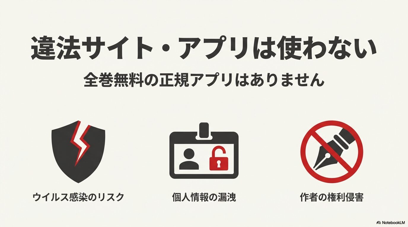 警告マーク。違法サイトでのウイルス感染リスク、個人情報漏洩、作者の権利侵害を警告し、正規アプリの利用を推奨する図解。