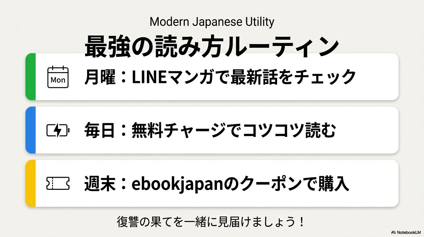 月曜はLINEマンガで最新話、毎日は無料チャージ、週末はebookjapanクーポンで購入という、効率的な購読ルーティンのまとめ。