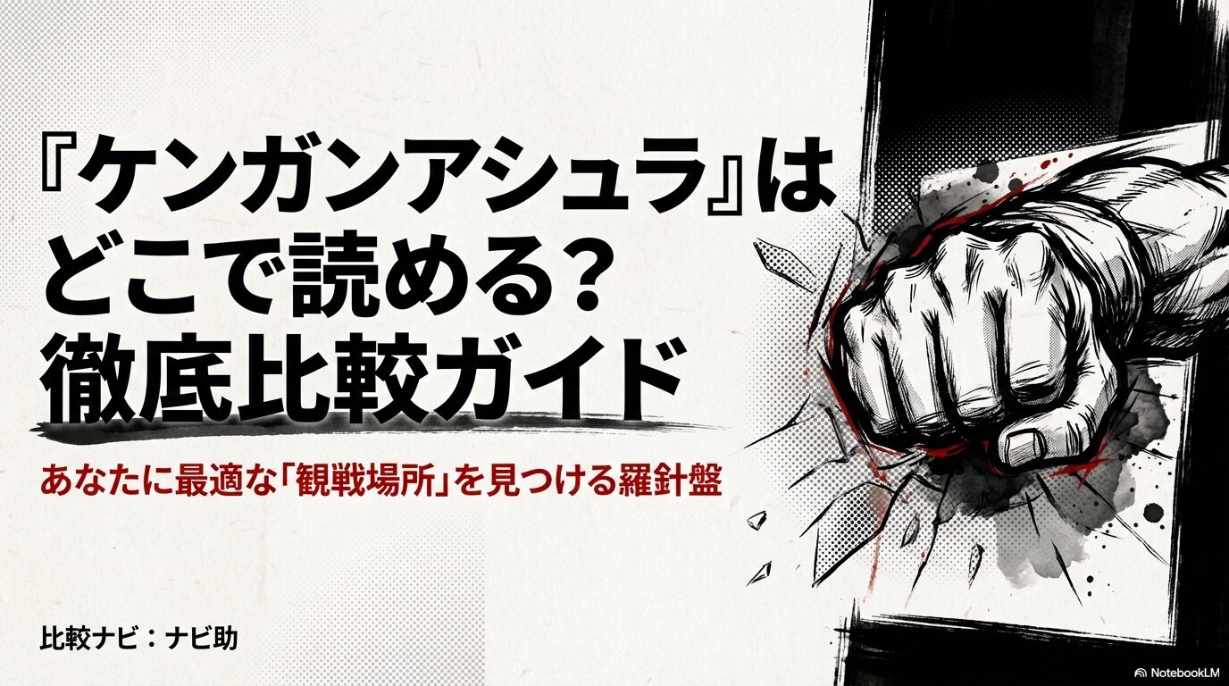 ケンガンアシュラはどこで読める?徹底比較ガイドのタイトルスライド画像。ナビ助による最適な観戦場所を見つけるための案内。